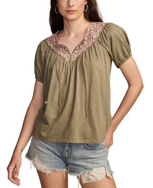 Women's Embroidered Tie-Neck Peasant Top