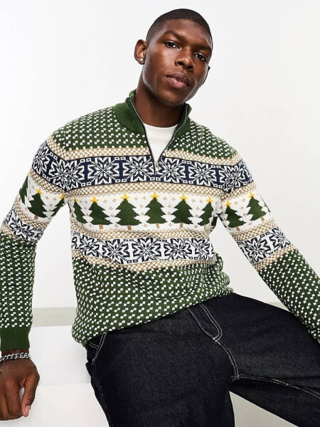 ASOS DESIGN knitted 1/4 zip Christmas jumper in green fairisle pattern