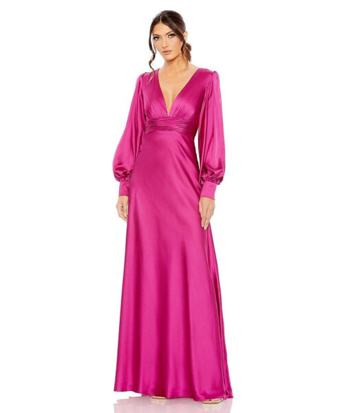 Women's Ieena Charmeuse Bishop Sleeve V Neck Gown