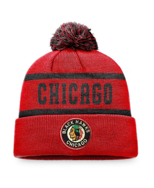 Men's Red, Black Chicago Blackhawks Original Six Cuffed Knit Hat with Pom