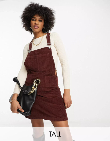 DTT Tall Lucine cord pinafore dress with pockets in chocolate brown