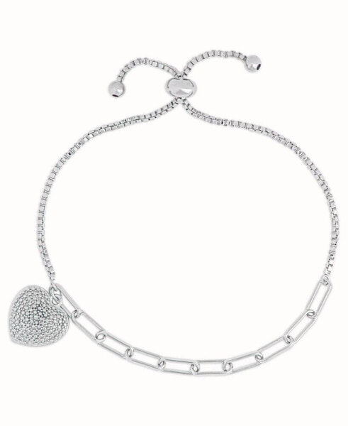 Diamond Accent Open Link Heart Bracelet in Fine Silver Plate