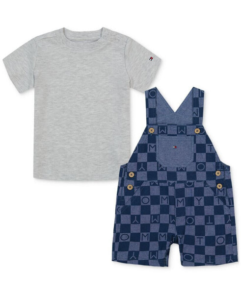 Baby Boys Short-Sleeve Heather T-Shirt & Printed Shortall, 2 Piece Set