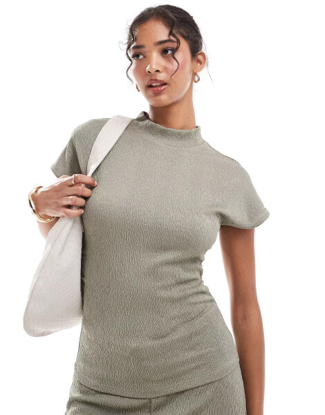 Vila stretch ruched side drop shoulder top co-ord in taupe