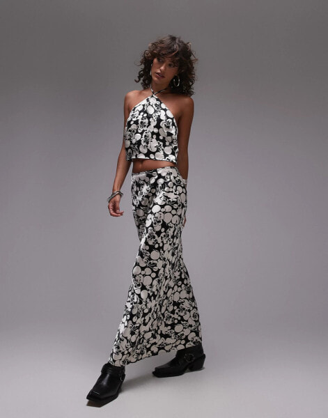 Topshop co-ord satin maxi skirt in mono floral