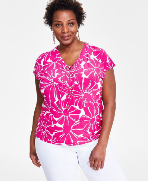 Plus Size Printed Lace-Up-Neck Top, Created for Macy's