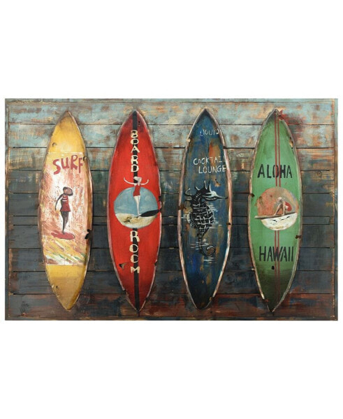 'Surfboards' Metallic Handed Painted Rugged Wooden Blocks Wall Sculpture - 32" x 48"