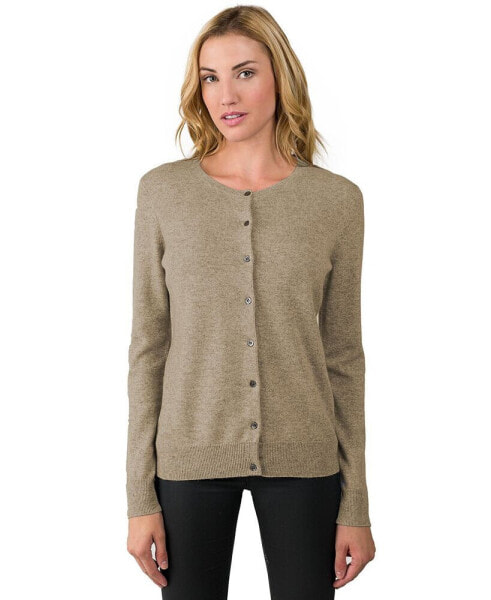 Women's 100% Cashmere Button Front Long Sleeve Crewneck Cardigan Sweater (1575, Azalea, Large )