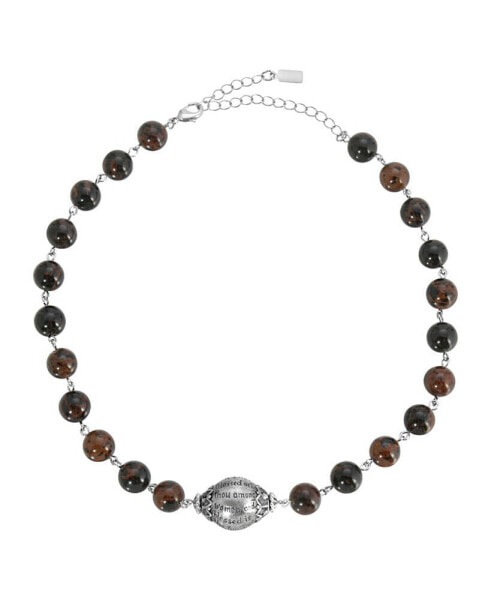 Symbols of Faith silver-Tone Hail Mary Beaded Prayer Semi Precious Genuine Brown Obsidian Necklace