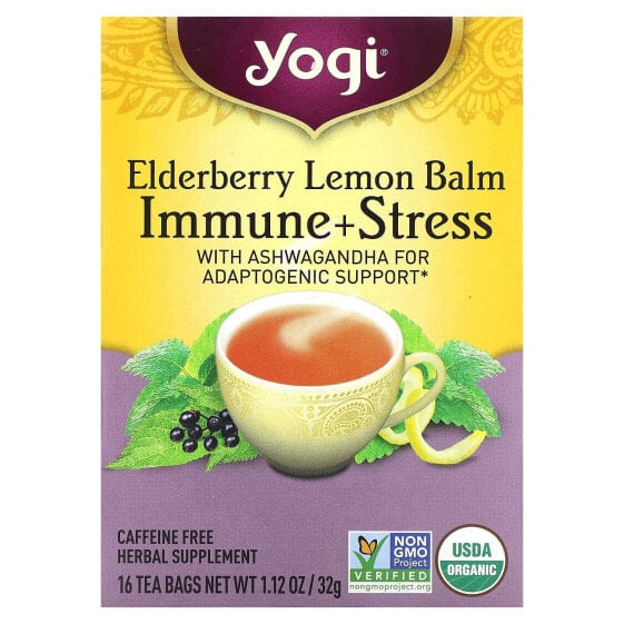 Immune + Stress, Elderberry Lemon Balm, Caffeine Free, 16 Tea Bags, 1.12 oz (32 g)