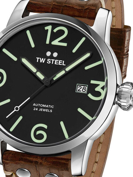 Мужские наручные часы с коричневым кожаным ремешком TW Steel MS16 Maverick Automatic 48mm 10 ATM