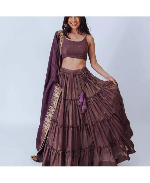 Women's Brownish Purple Shimmer Tiered Lehenga Choli with Golden Accents