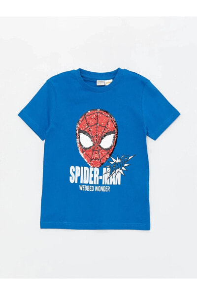 LCW Kids Bisiklet Yaka Spiderman Baskılı Çift Yönlü Payetli Kısa Kollu Erkek Çocuk Tişört