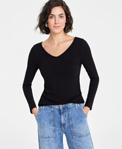 Women's Long-Sleeve Double V-Neck Tee, Created for Macy's