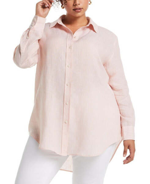 Plus Size Easy Linen Long Sleeve Button-Down Shirt