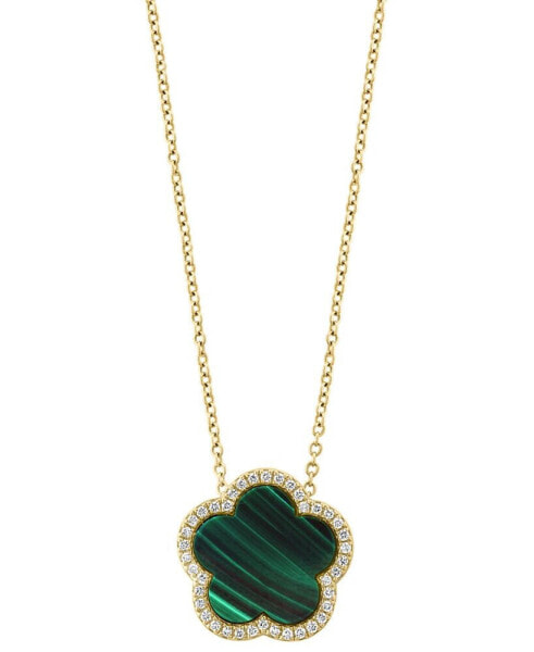 EFFY® Malachite & Diamond (1/6 ct. t.w.) Flower Halo 18" Pendant Necklace in 14k Gold