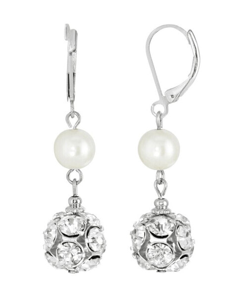 Silver-Tone Imitation Pearl Crystal Fireball Drop Earrings