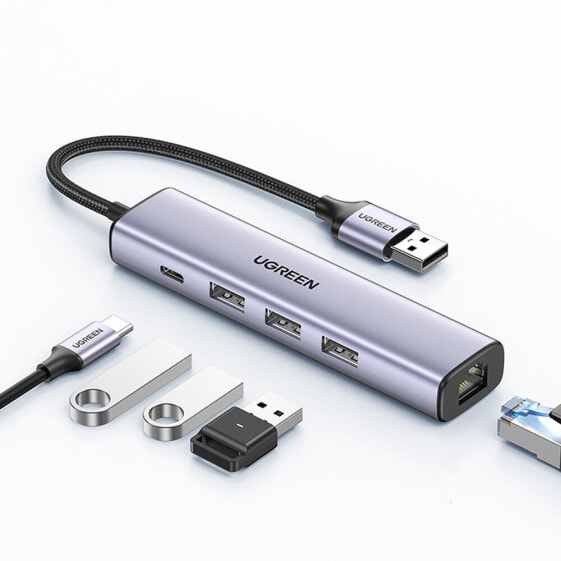 USB разветвитель сети и портов UGreen HUB adapter - серый, USB 3.0, 3x USB Ethernet RJ-45, USB-C PD