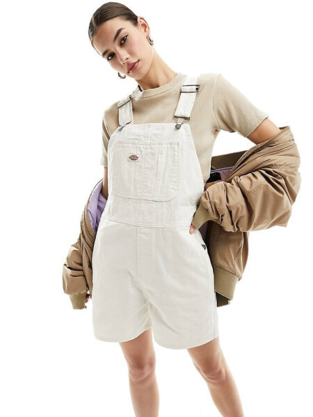 Dickies duck canvas short dungarees in off white