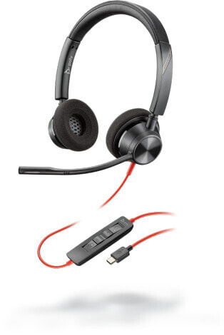 Poly Blackwire 3320 - Kopfhörer - Kopfband - Büro/Callcenter - Schwarz - Rot - Binaural - PTT - Abspielen/Pause - Track < - Ortung > - Lautstärke + - Lautsärke -