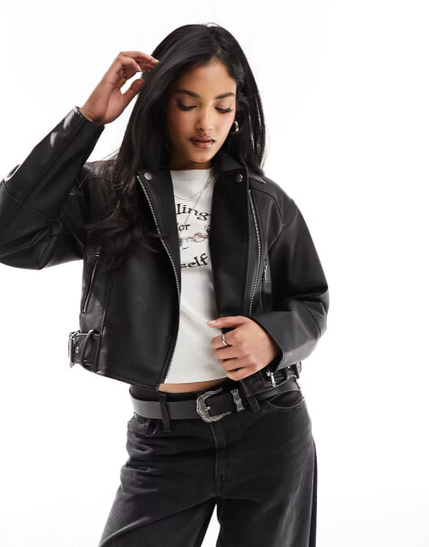 New Look cropped PU bomber jacket in black