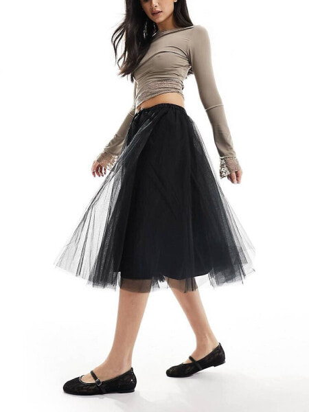 Monki full midi skirt with wrap detail in black tulle