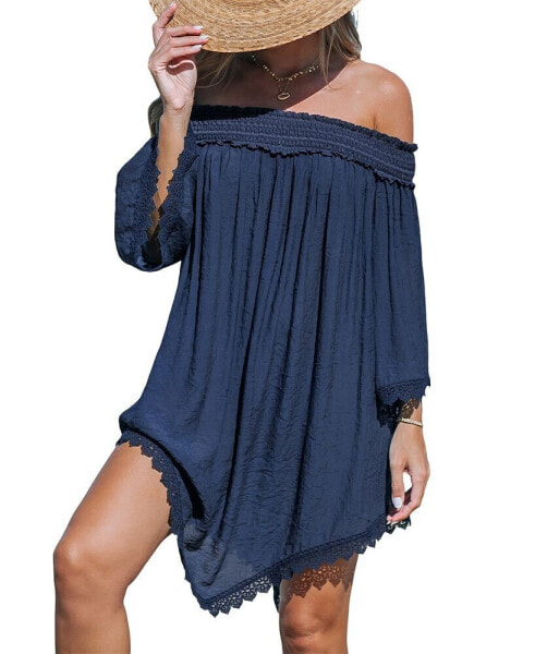 Women's Navy Off Shoulder Asymmetrical Hem Cover-Up Beach Dress