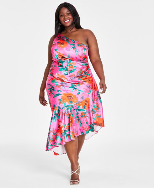 Plus Size Printed Asymmetric-Neck One-Shoulder Dress