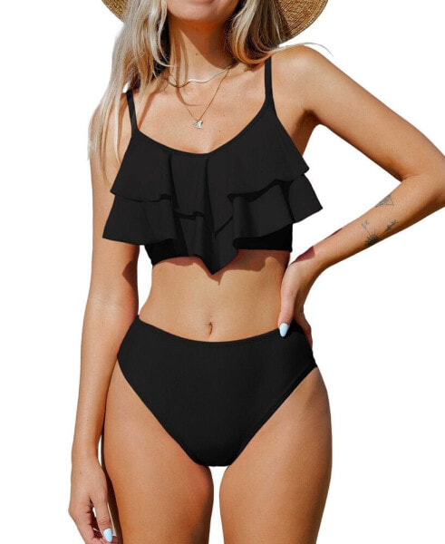 Women's V-Neck Ruffled Top & High Waist Bikini Set