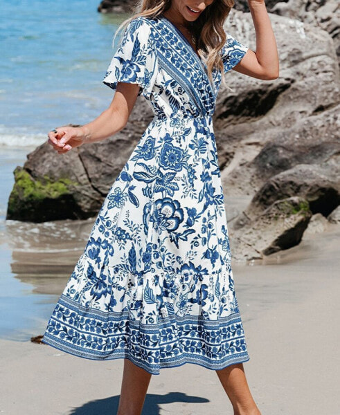 Women's Floral Print Surplice Ruffled Midi Beach Dress