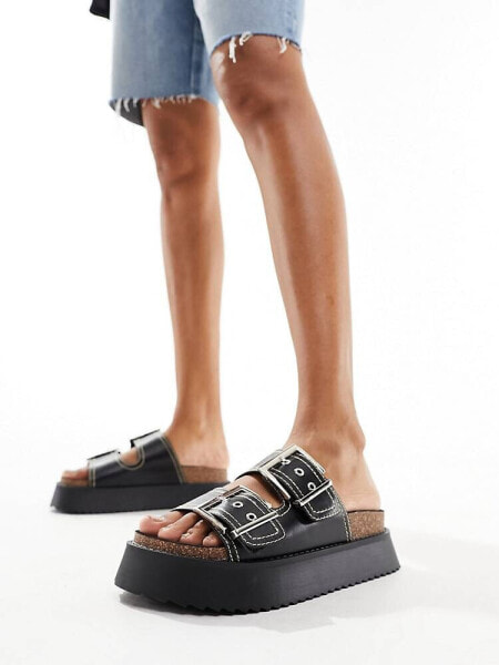 ASOS DESIGN Firecracker double strap footbed flat sandals in black