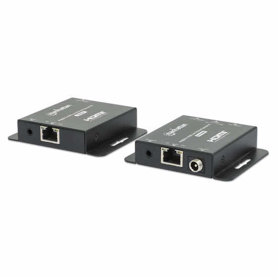 Manhattan 4K HDMI over Ethernet Extender Kit - Extends 4K@30Hz signal up to 40m or a 1080p@60Hz signal up to 70m with a single Cat6 Ethernet Cable - Transmitter and Receiver - Power over Cable (PoC) - Black - Three Year Warranty - Box - 3840 x 2160 pixels - AV tran