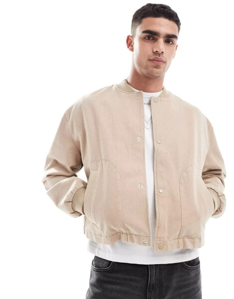 ASOS DESIGN oversized cropped bomber jacket in stone