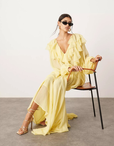 ASOS EDITION raw edge ruffle maxi dress with drawstring waist in lemon