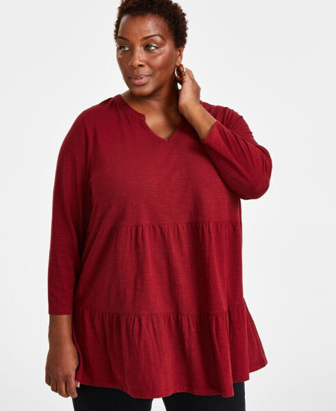 Plus Size Cotton Split-Neck Tiered Tunic, Created for Macy's