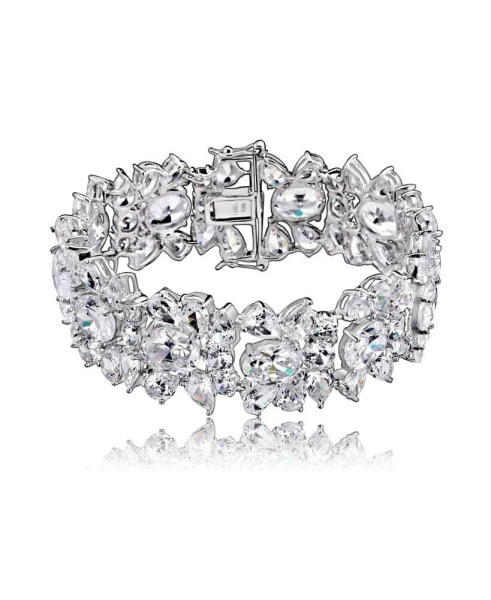 Exquisite Rhodium-Plated Sterling Silver Flower Bracelet with Cubic Zirconia