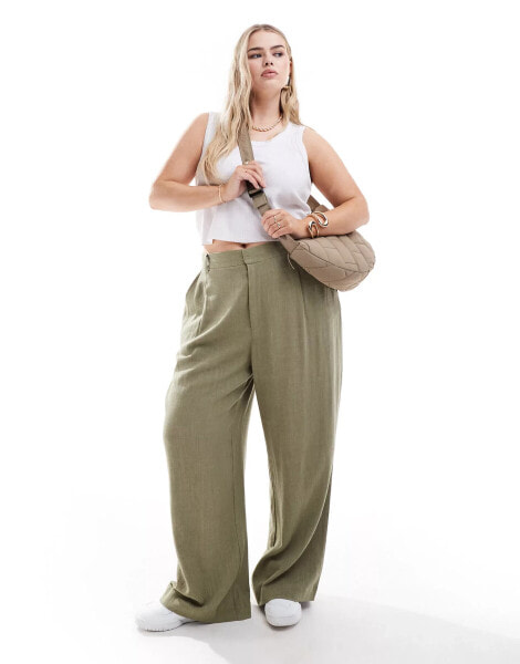 ASOS DESIGN Curve wide leg dad trouser with linen in olive