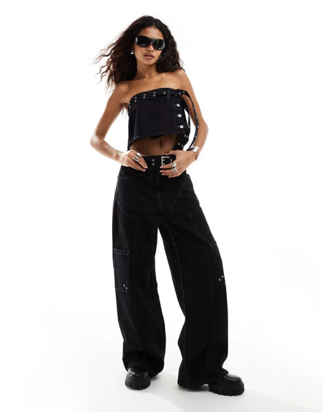 COLLUSION festival belted wide leg skate jeans in black co-ord