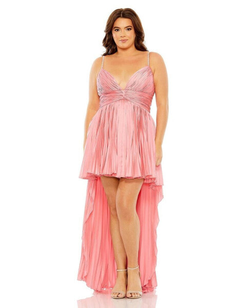 Plus Size Rhinestone High Low Pleated Gown