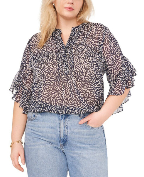 Plus Size Printed V-Neck Flutter-Sleeve Henley Top