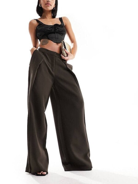 NA-KD x Claire Rose pleat detail trousers in brown