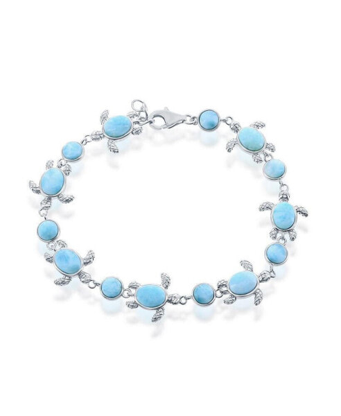 Sterling Silver Alternating Oval and Turtle Larimar Bracelet