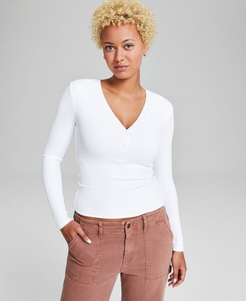 Women's Ribbed Henley-Neck Long-Sleeve Top, Created for Macy's