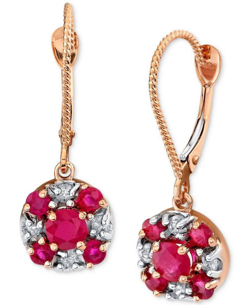 Ruby (1-1/3 ct. t.w.) & Diamond (1/4 ct. t.w.) Round Cluster Leverback Drop Earrings in 14k Rose Gold