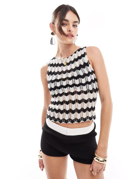 ASOS DESIGN crochet look slash neck top in black zigzag stripe