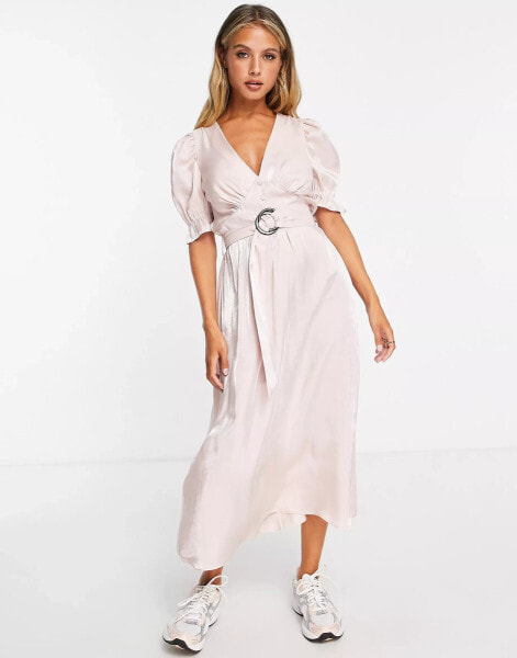 River Island – Midikleid mit Gürtel und Puffärmeln in Hellrosa