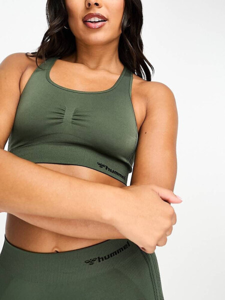 Hummel Shaping seamless sports crop top with scoop neck in khaki