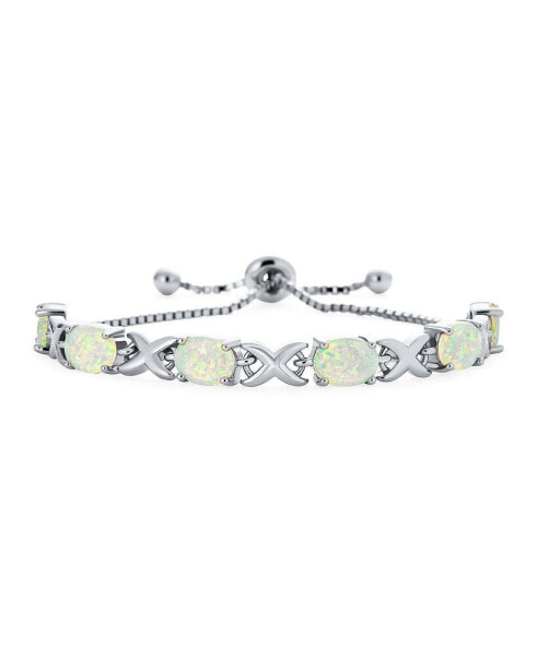 Gemstone Iridescent Oval Figure 8 & White Created Opal Tennis Infinity Bolo Bracelet For Women .925 Sterling Silver Rhodium Plated Adjustable Slide 7"