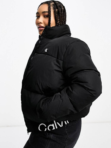 Calvin Klein Jeans Plus logo hem short puffer jacket in black 