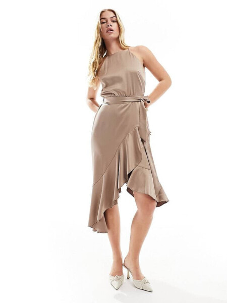 Style Cheat halterneck cami midi dress with tie waist in taupe